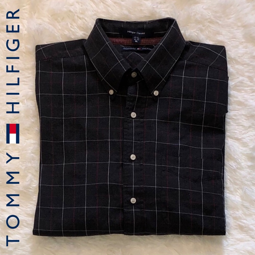 TOMMY HILFIGER—MEN’S CHARCOAL PLAID BUTTON DOWN!! EUC!!
